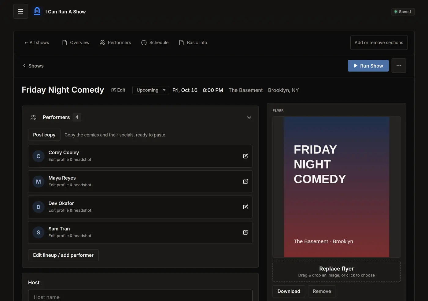 A show on a laptop: the lineup with the flyer and running order beside it
