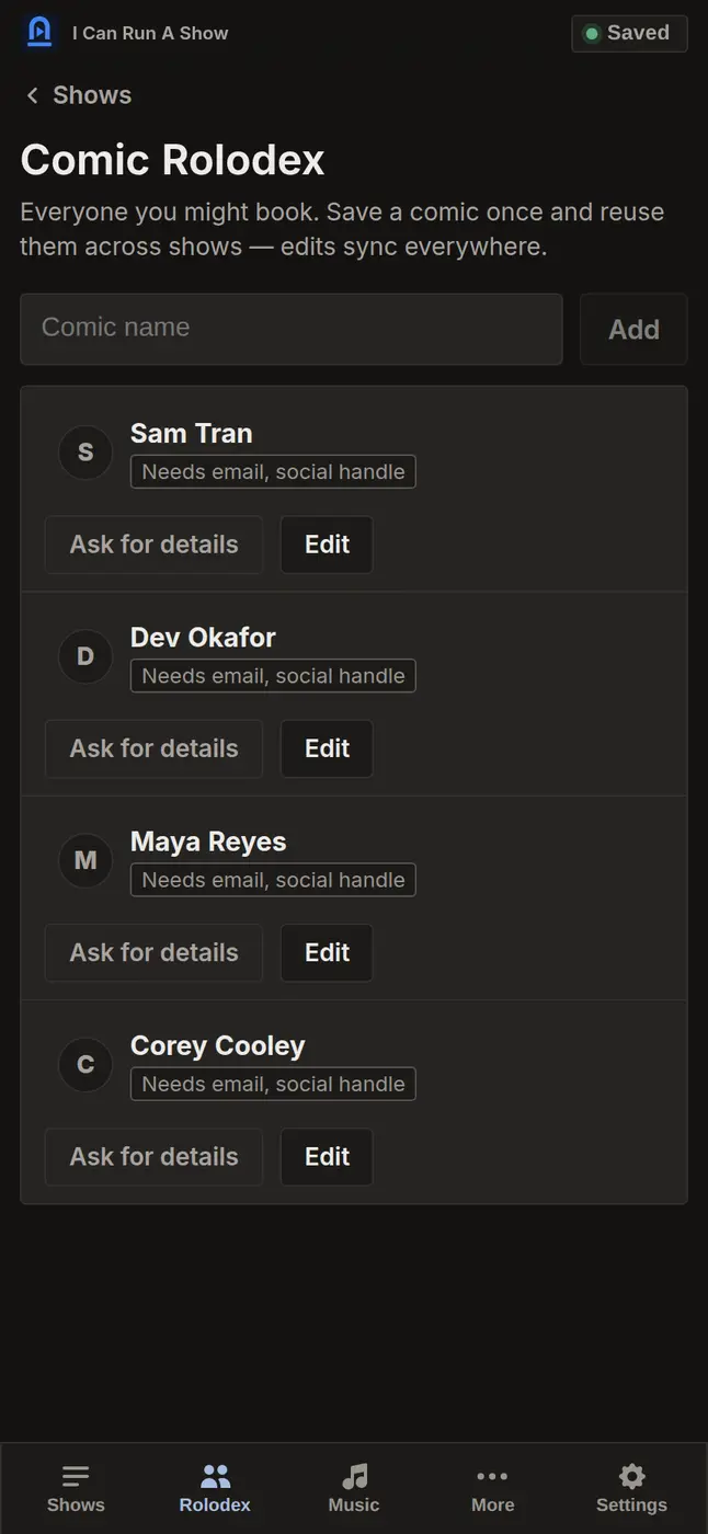 Performer rolodex list