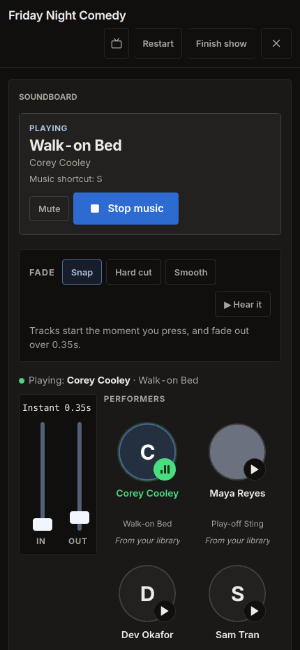 Run Show live mode: the cue clock counting down while the running order advances