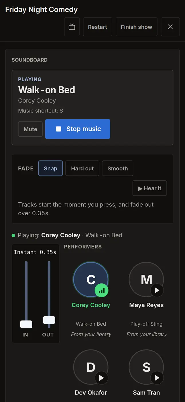 Run Show screen with the clock, soundboard and performer buttons