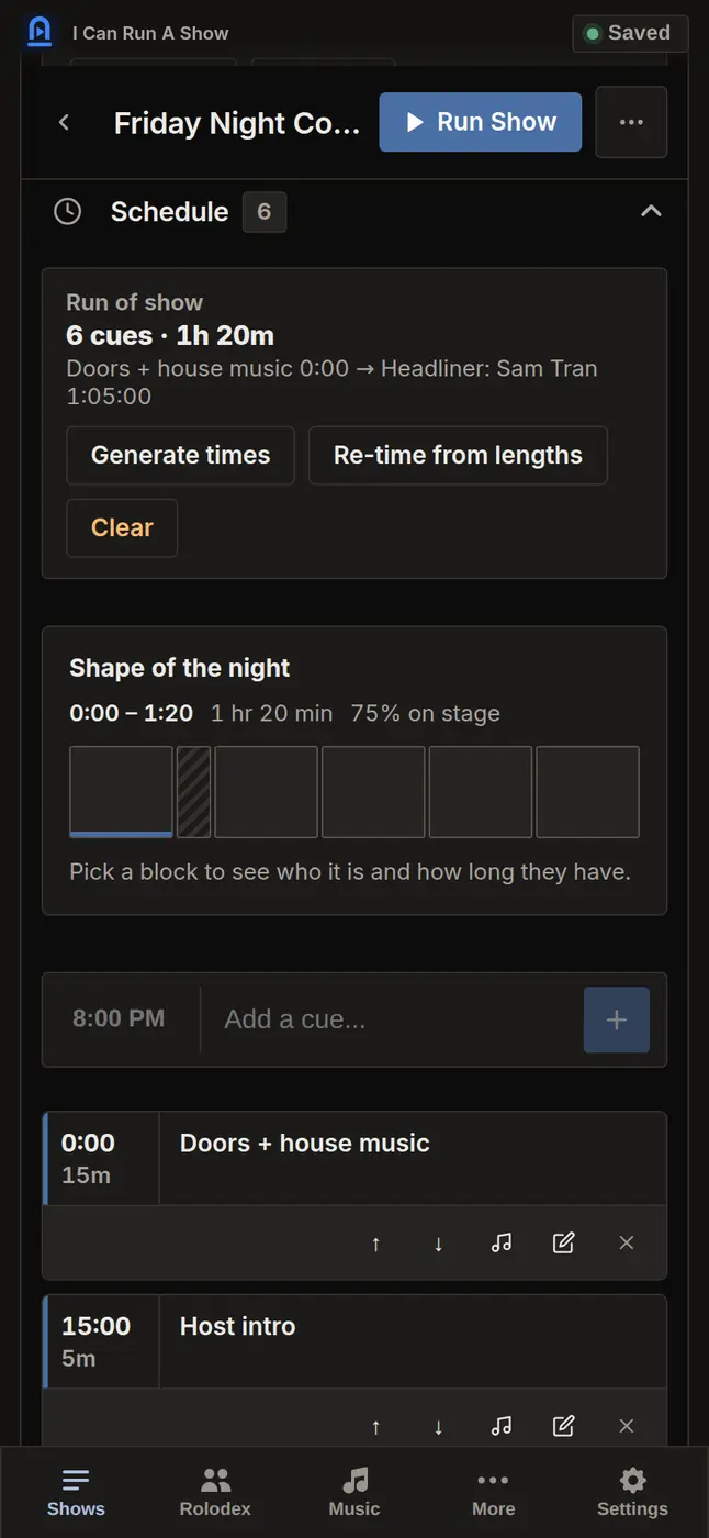 Running order builder with timed cues